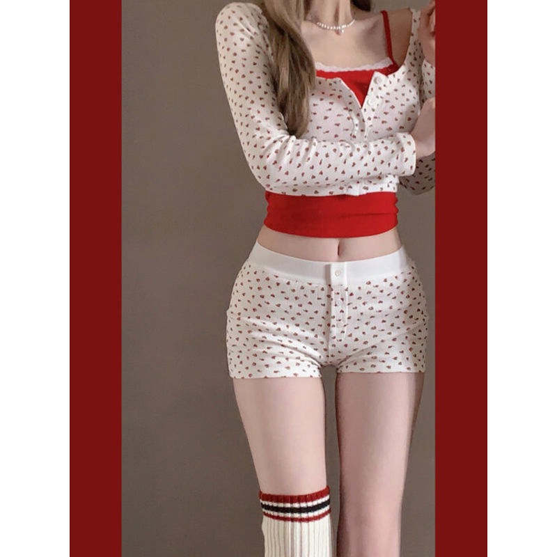 純粋で魅惑的優しくセクシーなスタイルの女性の春と秋のショートトップキャミソールタンクトップショーツ3点セット