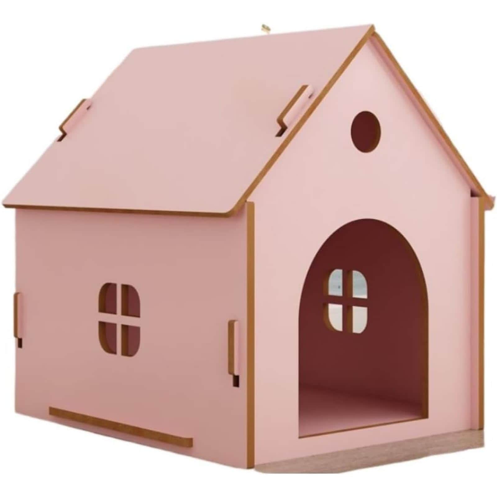 ペットハウス 猫 犬小屋 室内 木目 窓付き 屋外 温室 物置 組み立て簡単 工具不要 ドッグハウス 木製 小型 中型 大型犬 おしゃれ かわいい (ピンク l：57*48*59cm)