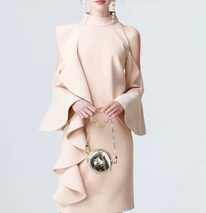 ドレス パーティー 結婚式 二次会 披露宴 演奏会 発表会 ステージ 舞台 演劇 膝下 ミモレ 長袖 ハイネック オフショル スレンダー タイト スリム フリル 異国風 きれいめ 大人可愛い 上品