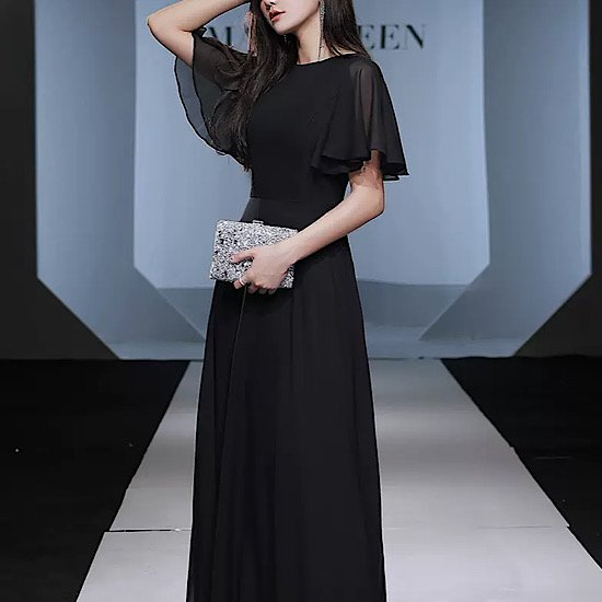 【取寄：納期2週間】演奏会ドレス イブニングドレス 半袖 無地 シンプル パフォーマンス ラウンドネック 発表会 演奏会 レディース 結婚式 ステージ衣装 ロング丈 エレガント