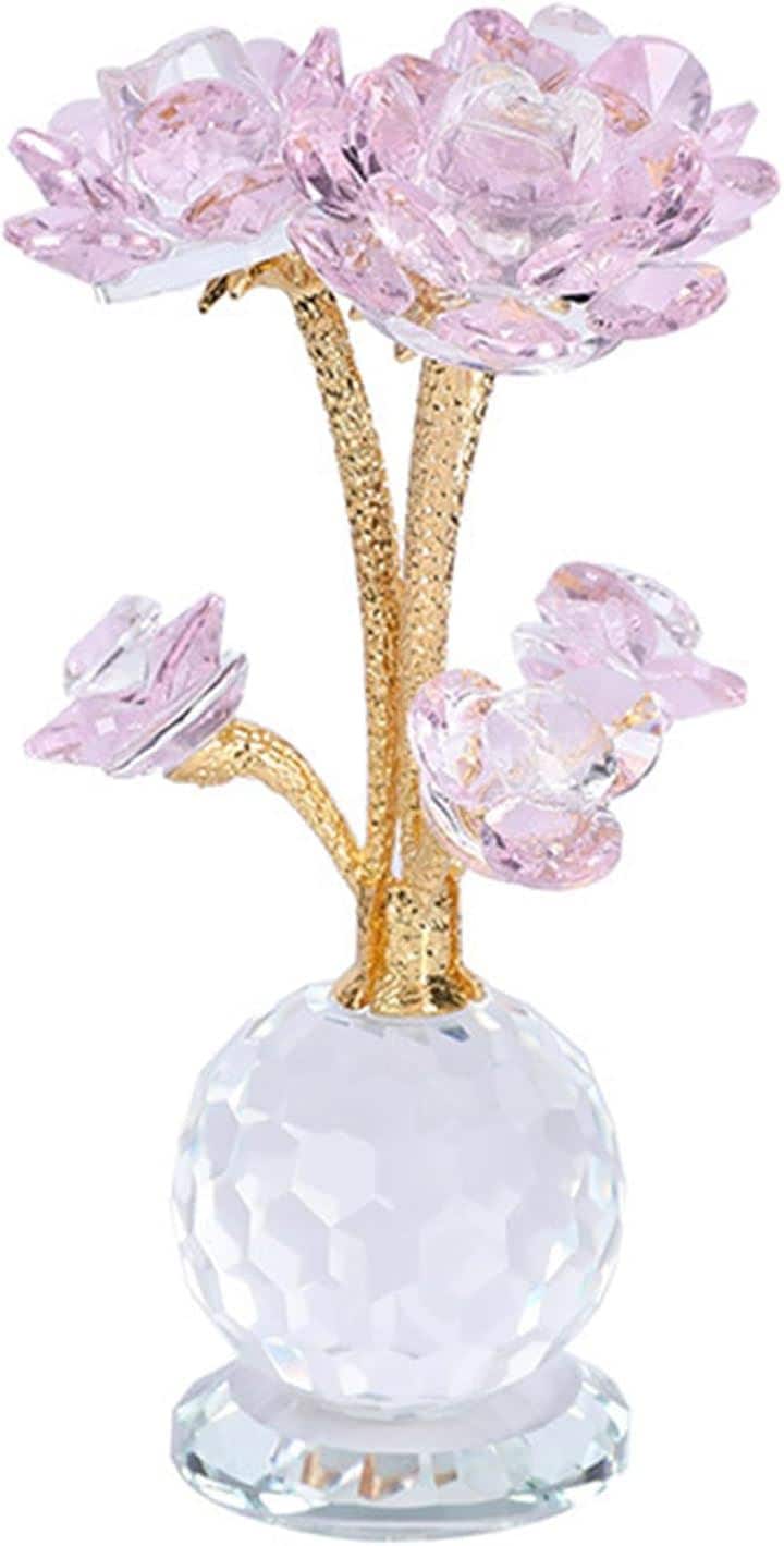 クリスタルフラワー ブーケ 花束 ガラス 造花 工芸品 誕生日 プレゼント 贈り物 ギフト リビング インテリア 置物 雑貨( ピンク)