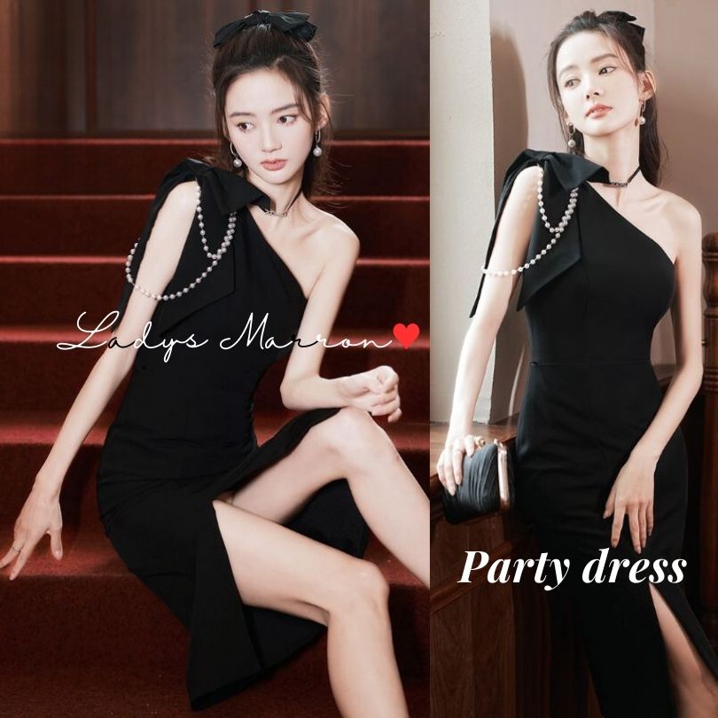 2点購入で200円割引15日間のみ ワンショルダードレス キャバ嬢ドレス パーティドレス 韓国 タイト パールドレス ノースリーブドレス 黒ドレス キャバドレス リボンドレス タイトドレス パーティー