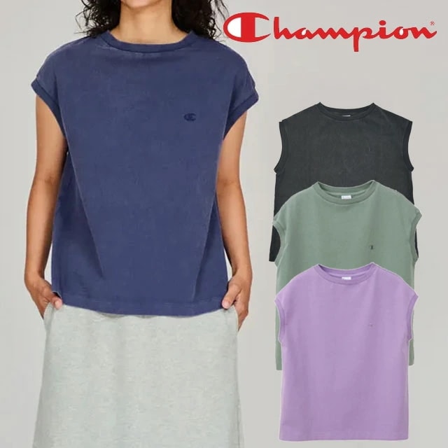 チャンピオン レディース Tシャツ スリーブレスシャツ クルーネック カットソー アパレル コットン100％ アメカジ ウェア CW-B307 055 オフブラック 337 スレイトブルー 035 ア