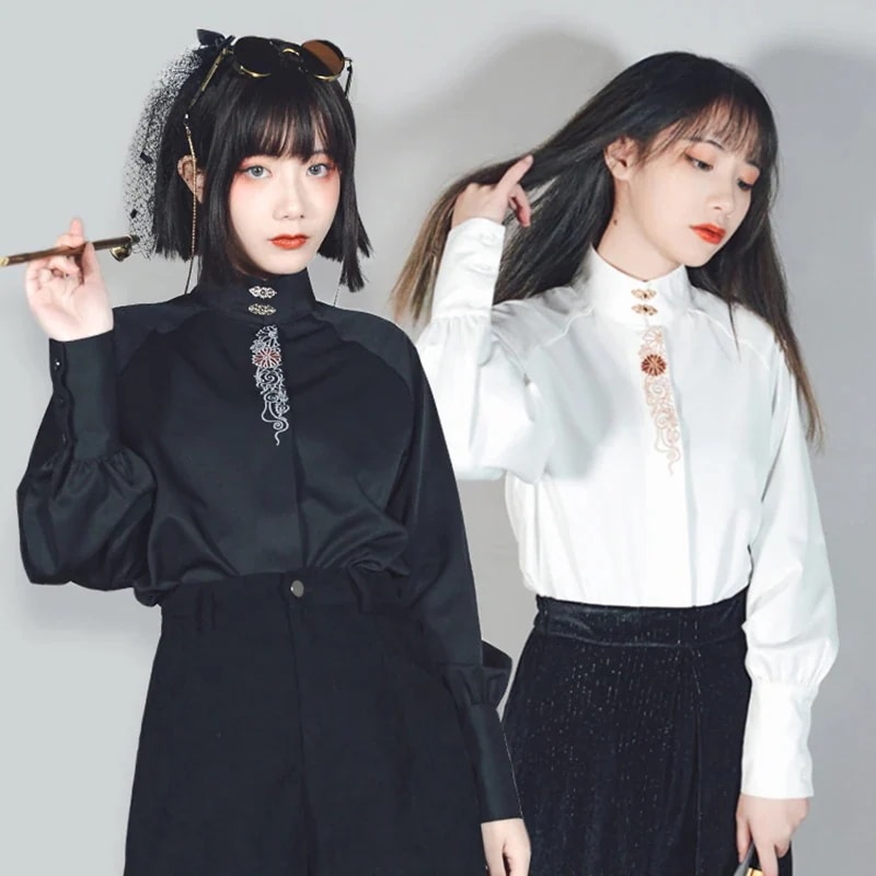 チャイナ風シャツ レディース 刺繍トップス ブラウス オリジナル スタンドカラー 黒白 モダン1798