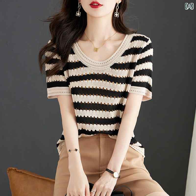 トップス レディース おしゃれ 上品 通勤 オフィス カジュアル ストライプ セーター 薄手 涼しい 涼しい 半袖 Tシャツ 夏 スリム