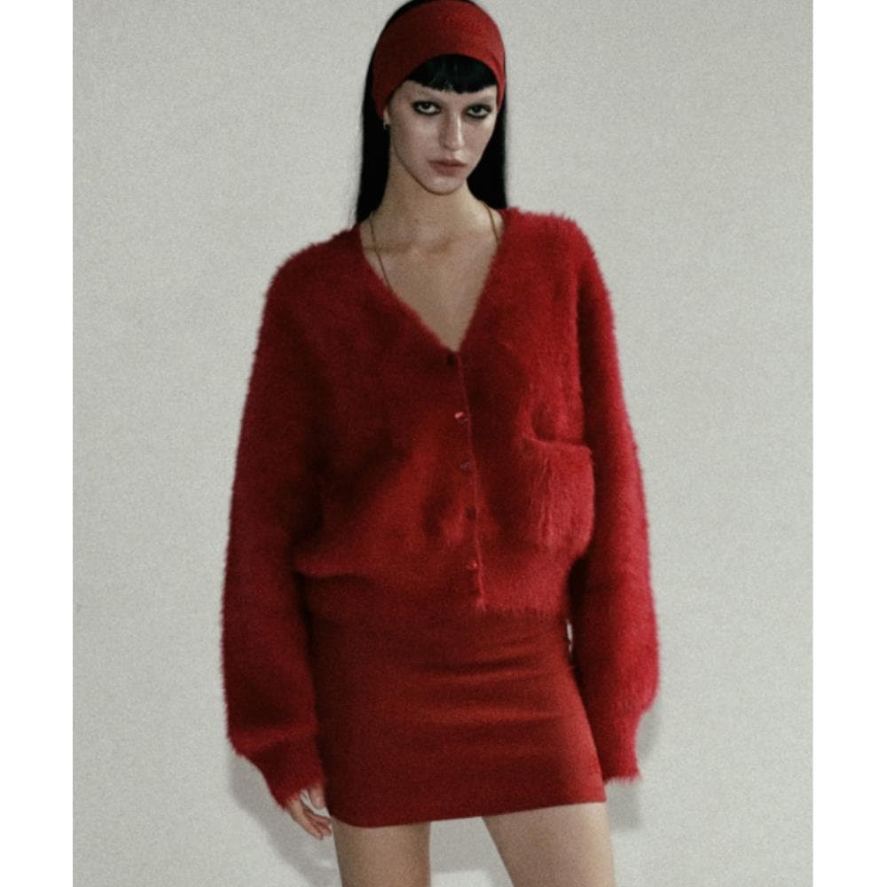 BADBLOOD BS Mohair V-neck Cardigan Red w-cdg24-041