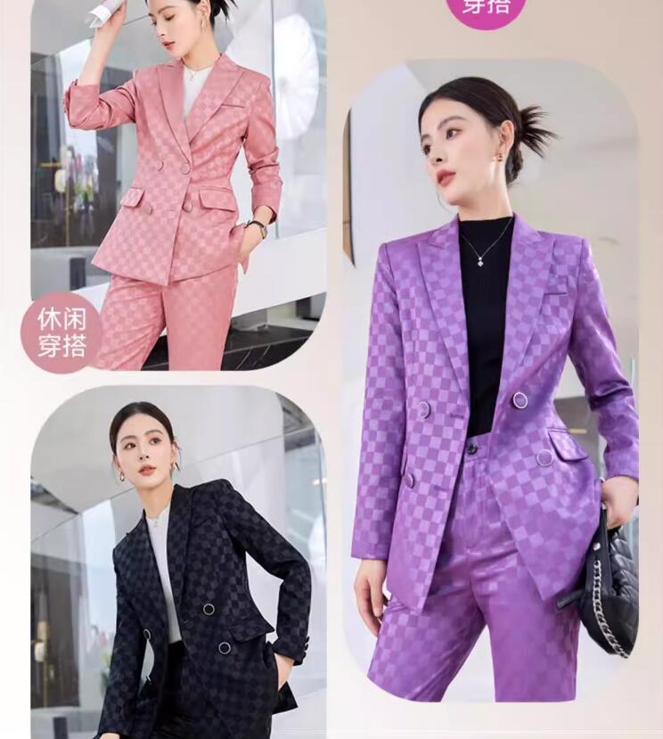 期間限定30%割引がある春夏3色 チェック柄 パープル ピンク 黒 パンツセット ジャケット+パンツ 着痩せ OL 通勤フォーマル 普段着 Ｓ/M/L/XL/2 XL/3XL4XLレディーススーツ 2