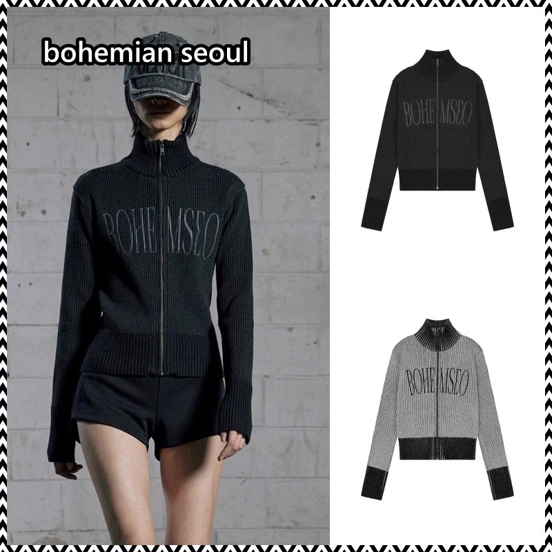 bohemian seoul MIXED KNIT LOGO ZIP-UP