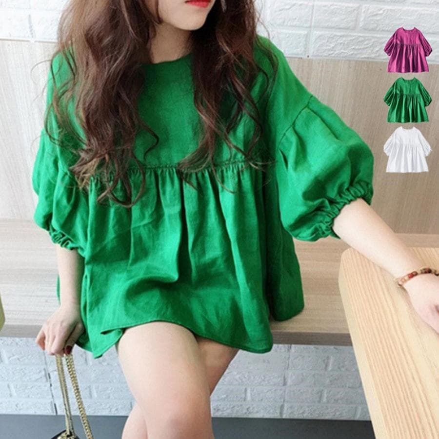 【超お得1つ買うと10個もらえる】[今日は安い-出荷が早い]ブラウス 綿麻風 ペプラムブラウスきれいめ バルーンスリーブブラウス オフィス　カジュアル 七分袖シャツ・ブラウス