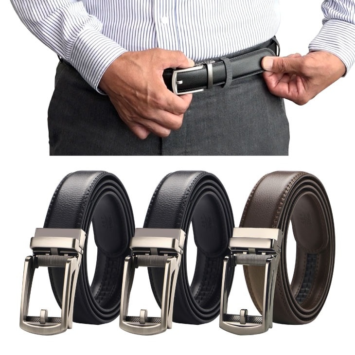 ファミラ 牛革ラチェット式ベルト 黒2本＋茶1本 合計3本セット ラチェット ベルト ブラック ブラウン 牛革ベルト メンズベルト ワンタッチ スライド サイズ調整