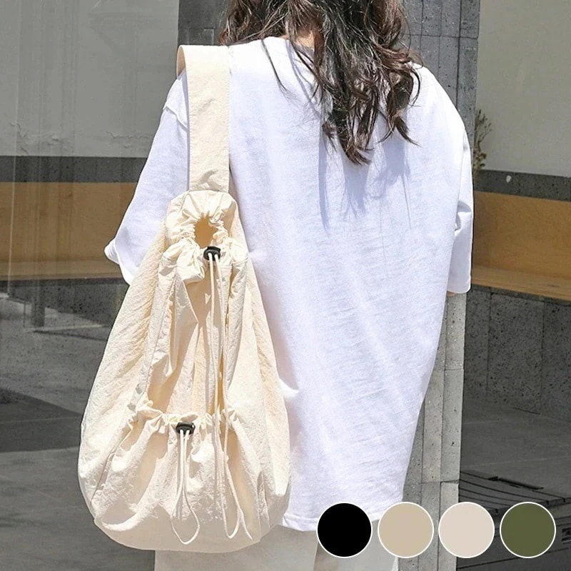 【20点セット】メガ割ワンショルダーバッグ レディース 鞄 斜め掛けバッグ 使いやすい ボディバッグ 巾着型 軽量 黒 A4収納 25L 肩ひも 幅広 ドローストリング 広い 開口部 ポケット 出し入