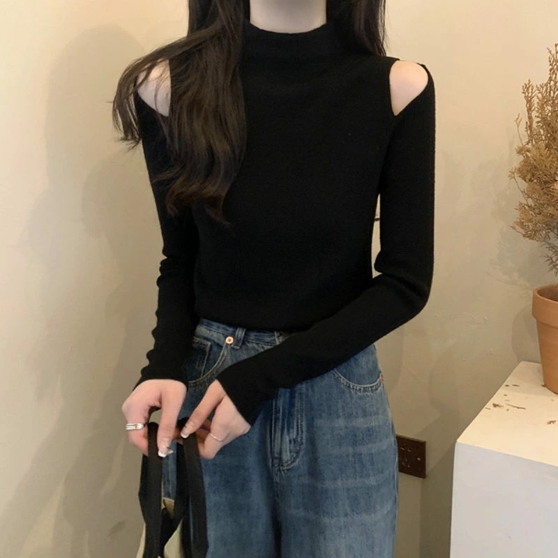 ニットセーター レディース 長袖 スリム 肩出し ボリューム袖 タートルネック ニット セーター ハイネック 柔らかい 無地 トップス 春 秋 冬 おしゃれ 着痩せ リブ プルオーバー シンプル スト