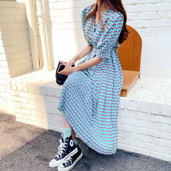 送料0円!韓国ファッション フラワー ラップスタイル ロング ワンピース(ops1347)