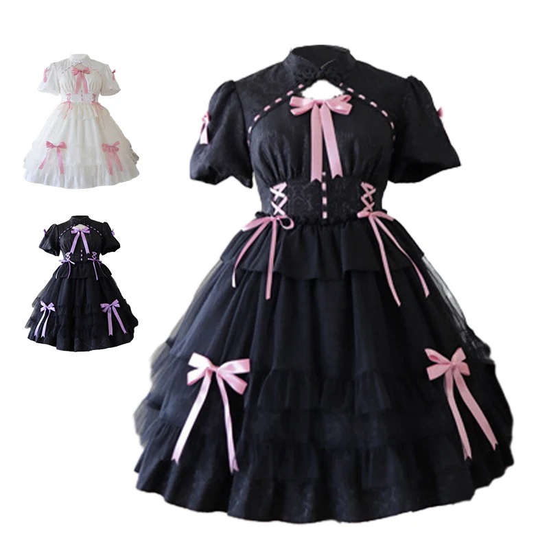 ロリータ洋装ロリータドールネックバブリースリーブ白シャツ半袖トップス半身スカートレディーススーツワンピース女子学生