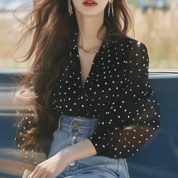レディース トップス シャツ 長袖 Vネック プルオーバー ドット柄 薄手 日焼け止め スリム 細身 きれいめ 上品 おしゃれ お洒落 大人可愛い かっこいい 大人女子 カジュアル シンプル