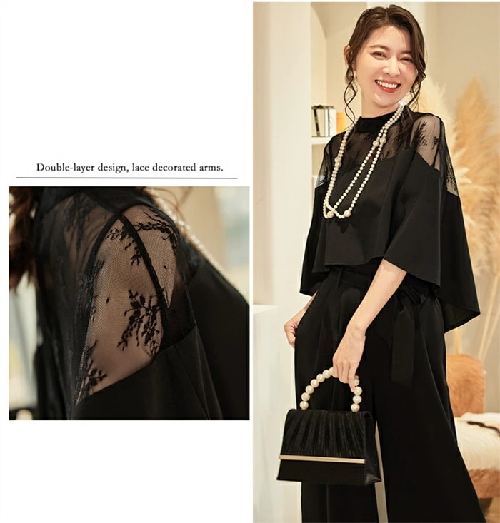 2点セット セットアップ パンツセット レディース 切り替え 異素材切り替え レース フリル パンツ ビジネス 仕事 スラックス 華奢 女性 きれいめ フェミニン エレガント 着痩せ お洒落 上品 フ