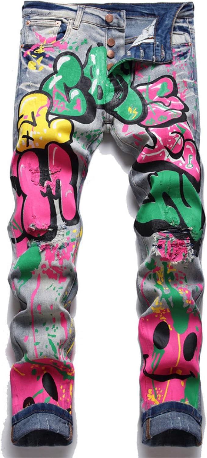 ジーパン デニムパンツ 細め ストレッチ メンズ ロングパンツ パンク系 ダメージ加工 落書き柄 ヒップホップ 男性 ファッション 厚手 お洒落 オリジナル 春夏秋冬 バイク リペア加工 薄手 快適