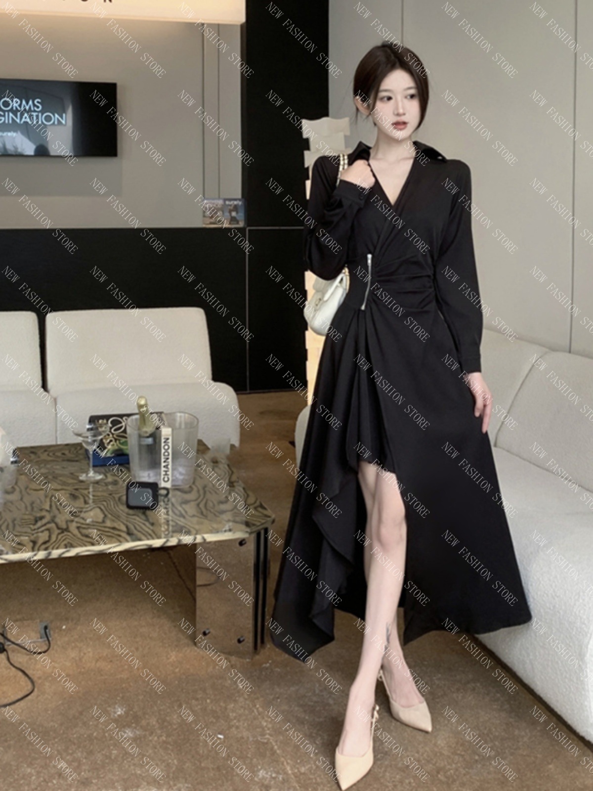 オーバーサイズフレンチ長袖ワンピース秋冬ブラウスロングスカート-96