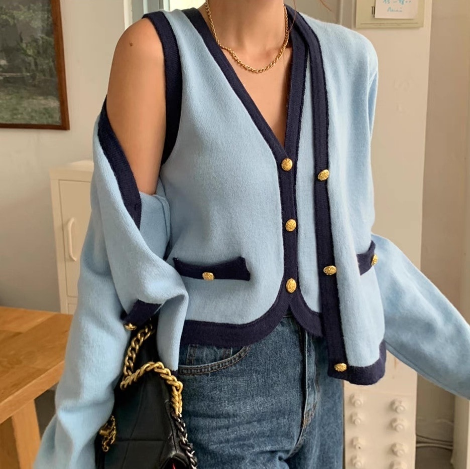 ニットアンサンブル ニットセットアップ ニットカーディガン ニットベスト アンサンブルニット セット アンサンブル ニット セットアップ ブルー 青 水色 ライトブルー 水色ニット バイカラー