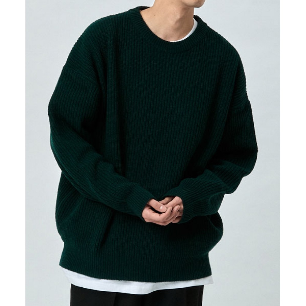 TAKEASY ラムスウールクルーネックオーバーニット（ディープグリーン）