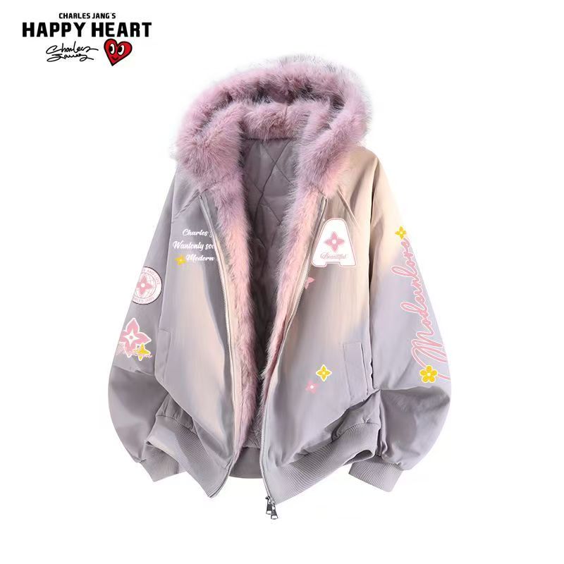 チャールズハート フーデッドコットンジャケット 男女兼用 冬新作プリントコート ルーズフィット保温性アウター