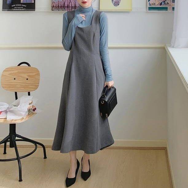 レディース セット 2点セット セットアップ トップス 長袖 長そで ハイネック ワンピース ロング ロング丈 マキシ マキシ丈 スクエアネック Aライン ノースリーブ レイヤード 重ね着 無地 シン