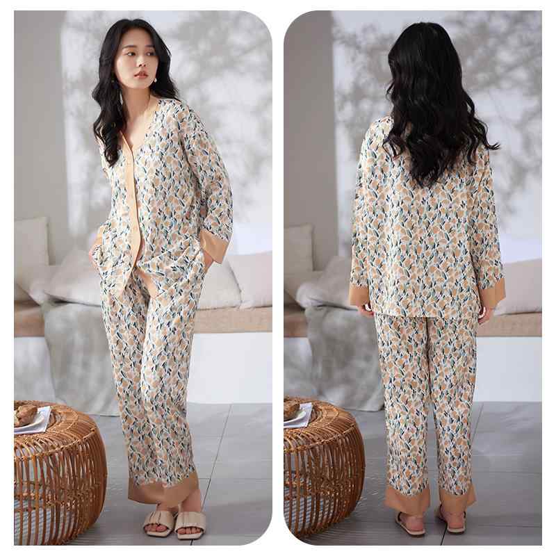 パジャマ レディース 上下セット 春秋 薄手 ひんやり 涼しい 長袖 ルームウェア 光沢 前開き Vネック 大きいサイズ ウエストゴム 通気性 柔らかい 母の日 プレゼント シンプル エレガント 黄
