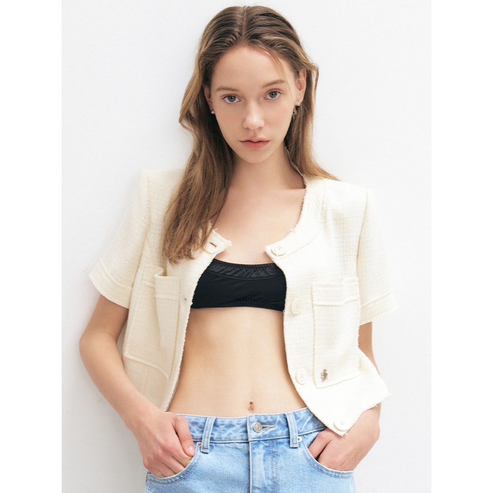 シティブリーズツイードノーカラーショートスリーブジャケットアイボリー