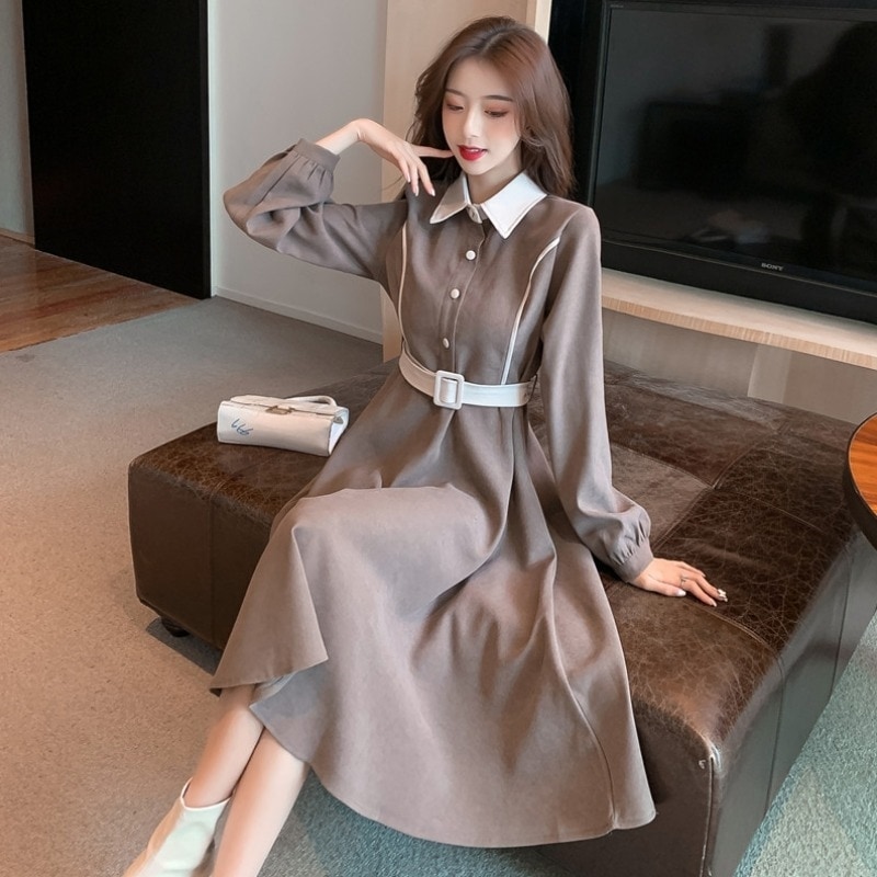 ワンピース シャツワンピース 膝下 ミモレ丈 長袖 Aライン ベルト ウエストマーク コーデュロイ きれいめ 大人 おしゃれ エレガント 存在感 無地 春 秋 冬 レディース お出かけ 休日 旅行