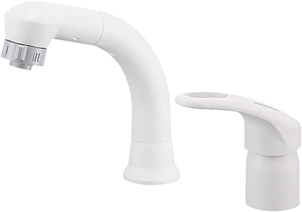 洗面用 シングルスプレー混合栓 洗髪用 エコ 節約 引き出しホース1m 吐水切替 高さUP ホワイト