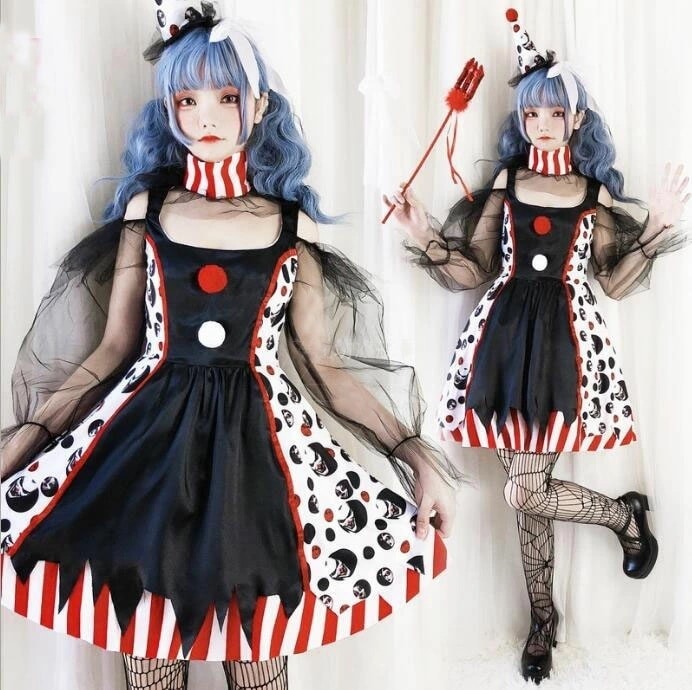 迅速な出荷 ハロウィン コスプレ衣装 ピエロ コスプレ 大人 レディース お姫系 ピエロ衣装 膝丈ワンピース チュール袖 ネックウェア 髪飾り 帽子 フルセット 可愛い 萌え萌え 巫女 魔女 吸血鬼