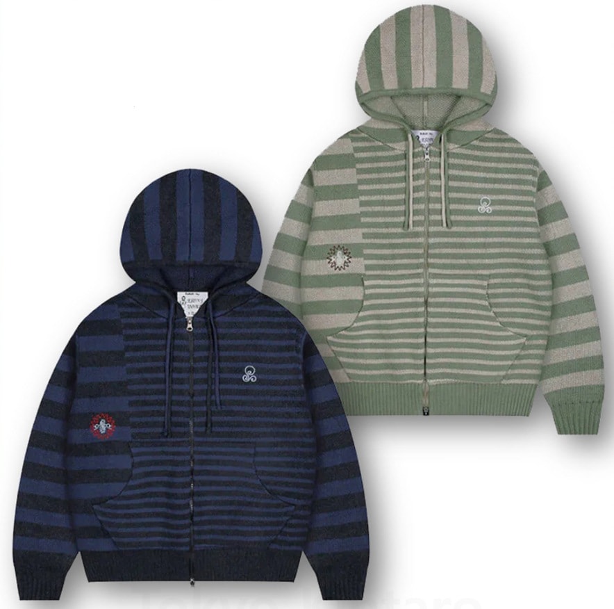 (W) UNBALANCE STRIPE KNIT HOOD ZIP-UP (WXK008)