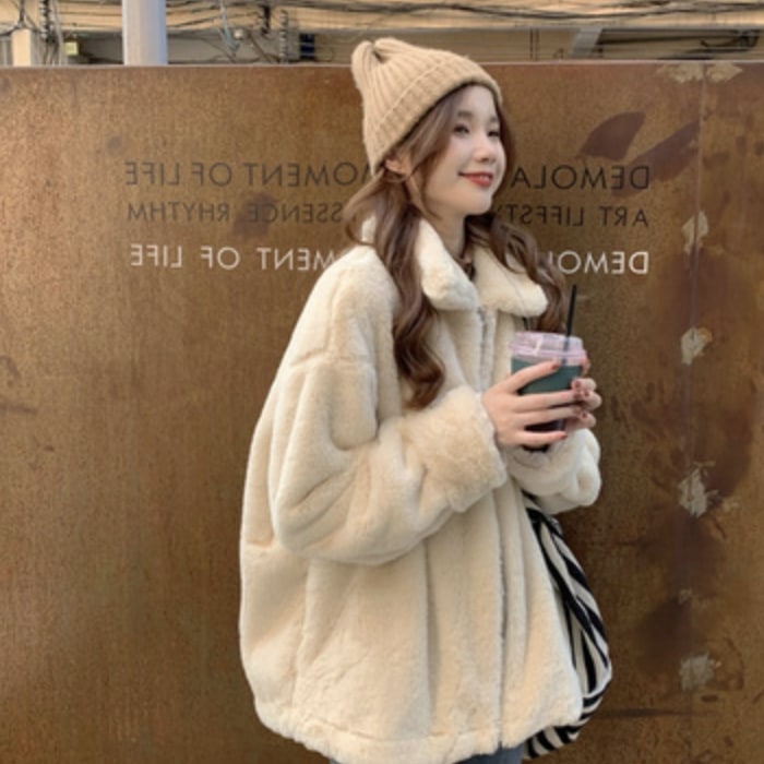 アウター デート コート 上着 もこもこアウター 袖あり 長袖 冬 10代 20代 レディース こなれ感 個性的 アプリコット ブラウン S M L XL ゆったり ラフ 暖かい もこもこ