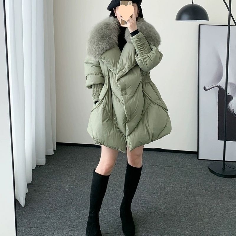 新作ファーコート女痩せ見えミディアム厚手アヒルのダウンコート