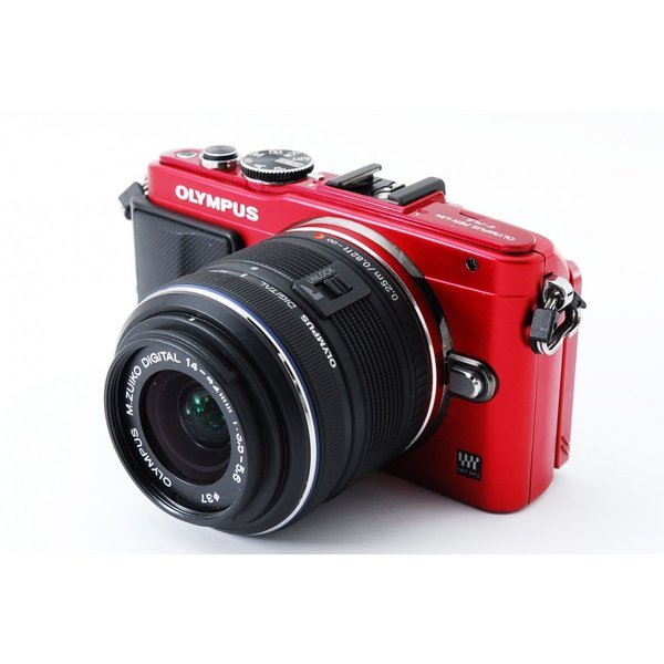 【中古】オリンパス OLYMPUS E-PL6 レッド レンズキット 美品 SDカード外付けフラッシュ付き