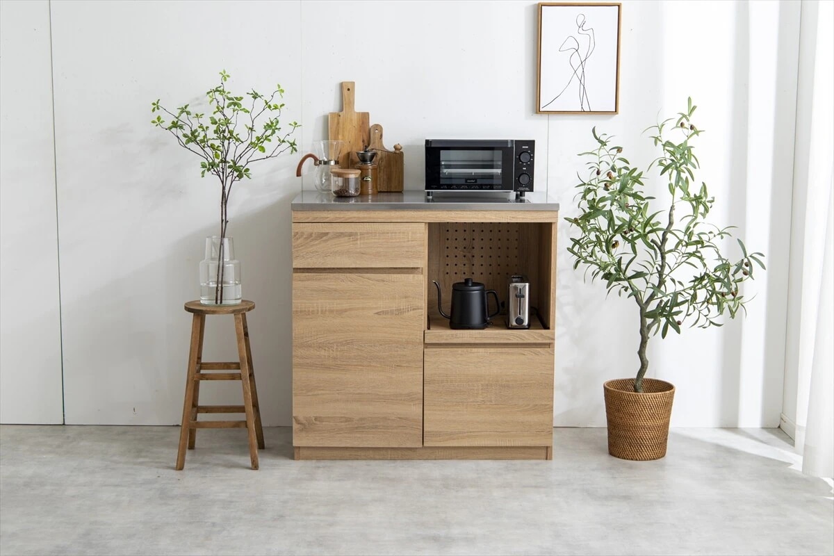 【幅90cm】Feliz ステンレス天板レンジ台　レンジ台　ステンレス　収納　スライドトレー　ナチュラル　耐久性　耐熱性