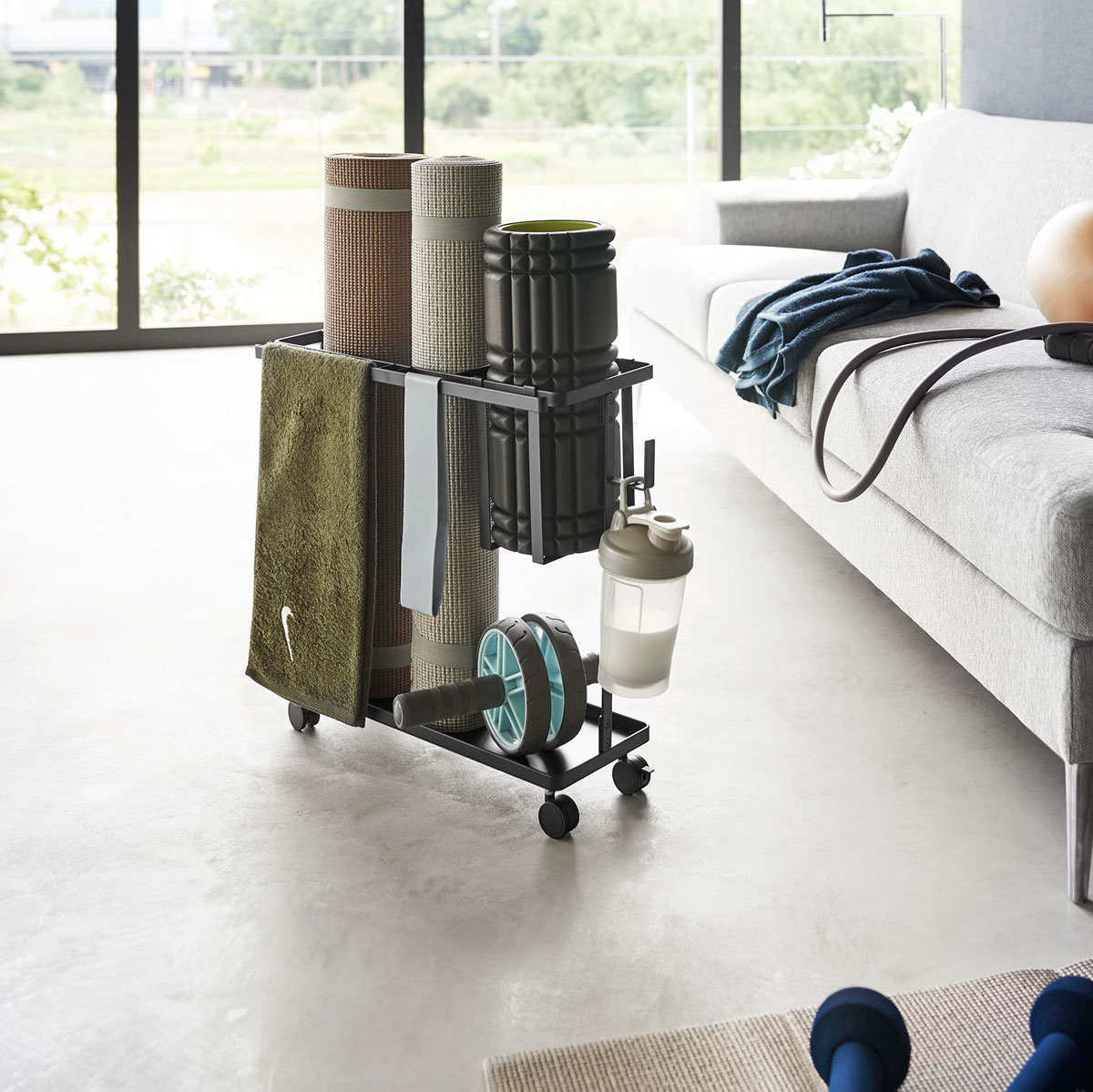 フィットネスグッズ収納 山崎実業 tower タワー キャスター付きフィットネスグッズ収納ラック ブラック