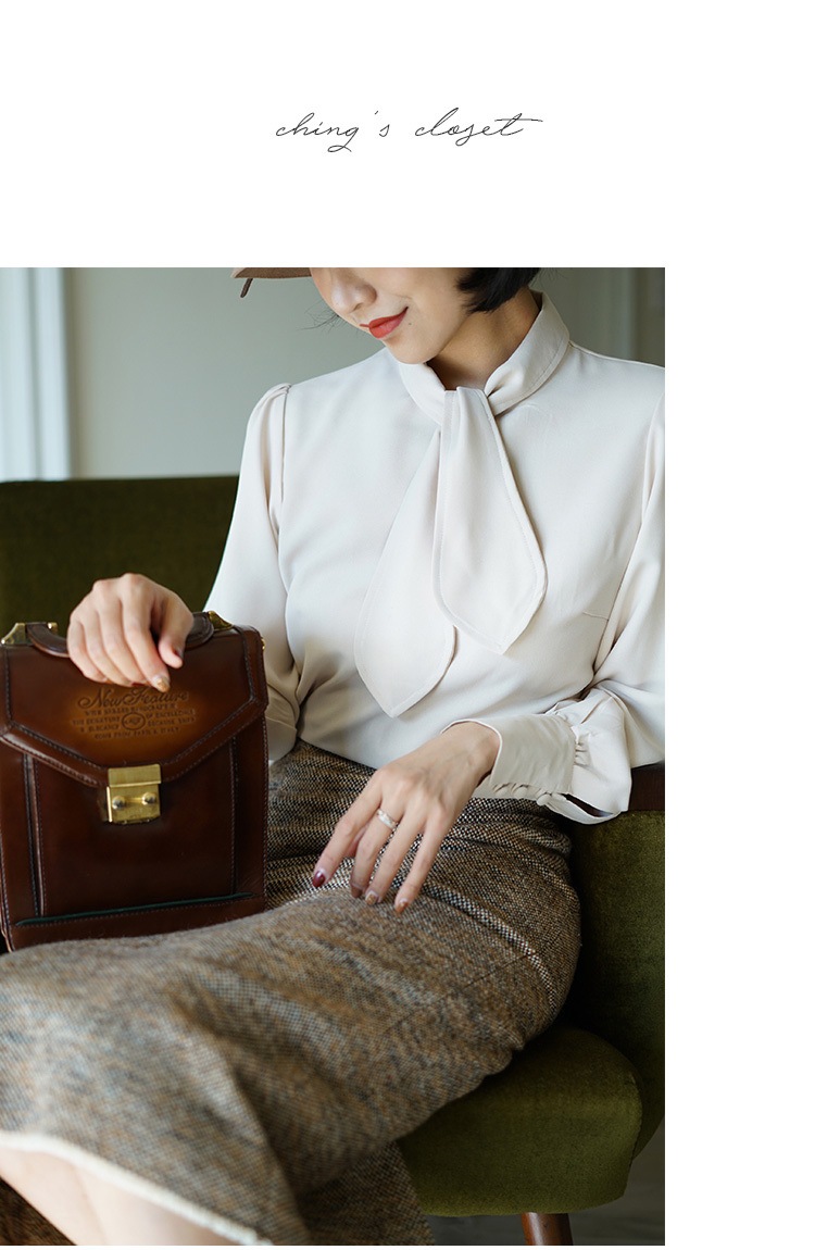 レディース ファッション レトロ ハーフハイカラー ネクタイ シャツ オールマッチ シャツ トップ 女性 春 イエロー ホワイト ＳＭＬ トップス 袖あり かわいい 大人可愛い きれいめ シンプル