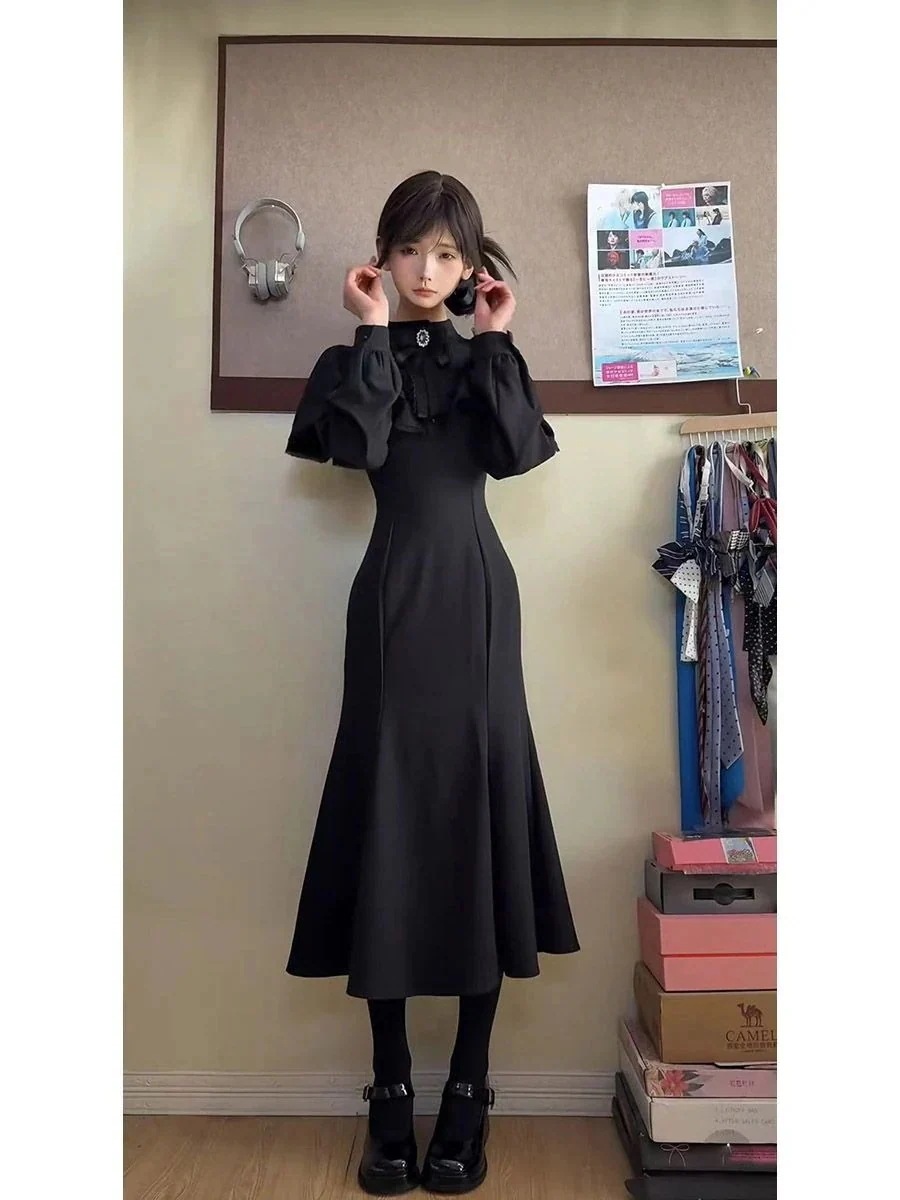 【値下げ！】15%値下げ 風 レトロ 甘い ロリータ 長袖 ワンピース 新作 ウエスト絞り ライトマーメイド シルエットスリム ドレス 2026新作