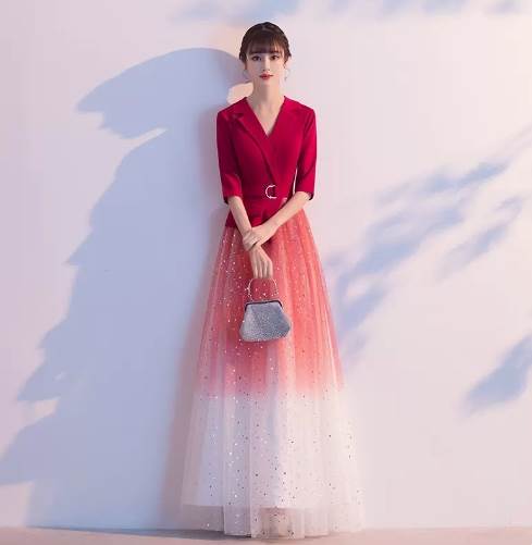 【送料無料】おしゃれ 大人可愛い チュール シフォン Vネック 袖あり ステージドレス ロングドレス カラードレス パーティードレス