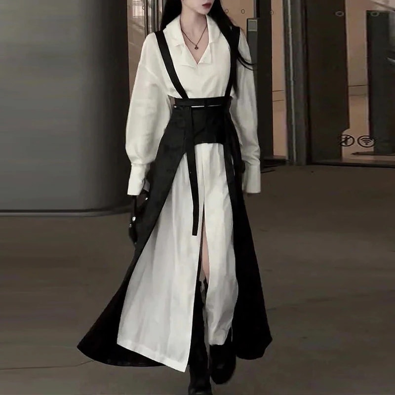 ニッチなデザインシックでセクシーなストリートスタイルのレディース用ツーピースセット春と秋フィットしたシャツドレスとサスペンダードレス