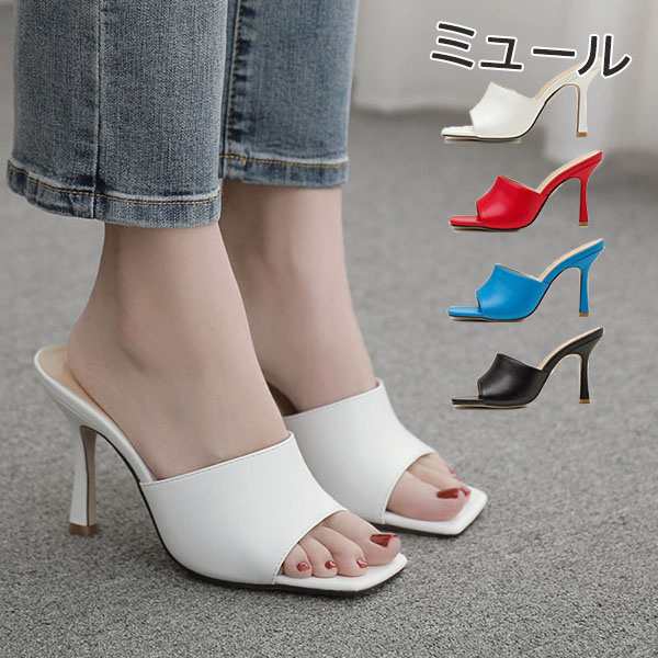 【新品】ミュール スクエアトゥ ハイヒール サンダル レディース シューズ オープントゥ 靴 美脚 ピンヒール 女性 大人かわいい 夏 オシャレ ブラック ホワイト レッド ブルー di181n1n
