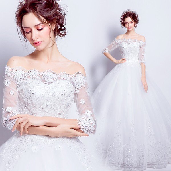 新品ウエディングドレス 袖あり 二次会 ウェディングドレス 安い 秋冬 結婚式 プリンセス エンパイア 花嫁 ドレス 白 披露宴 ロングドレス ブライダル 大きいサイズ