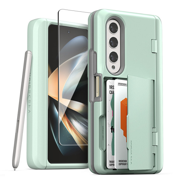 Galaxy Zフォールド4 カードケース ヒンジ保護 デュアルシールド ゴーペンカバー+全面液晶強化ガラス保護フィルム贈呈