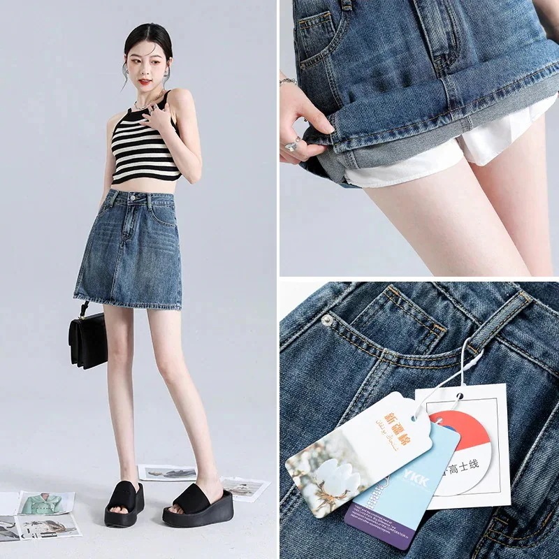 韓国 ハイウエスト 女性用デニムショートスカート サマー裏地 露出防止 ヒップカバー 小さめ ハイウエスト 痩身Aラインスカート