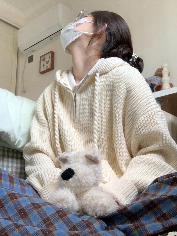 2024レイジースタイルハーフジップフード付きセータージャケットレディース秋冬デザインニットセータートップス