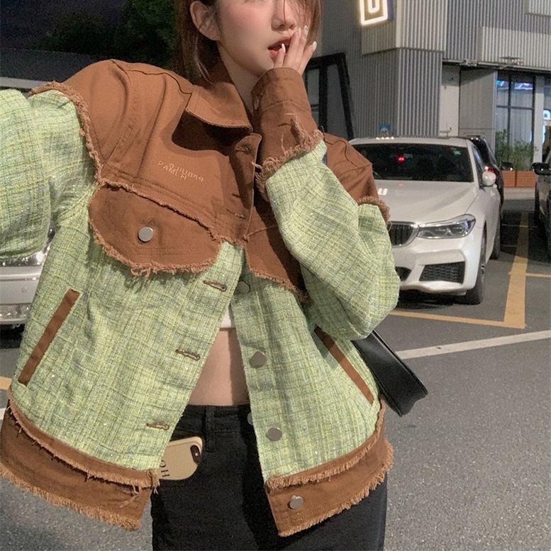 異素材切り替えブルゾン レディース ジャケット アウター 配色ジャケット ツイード フリンジ ドッキング 襟付き バイカラー ライトアウター 茶色 緑 ブラウン グリーン 大人可愛い きれいめ 上品