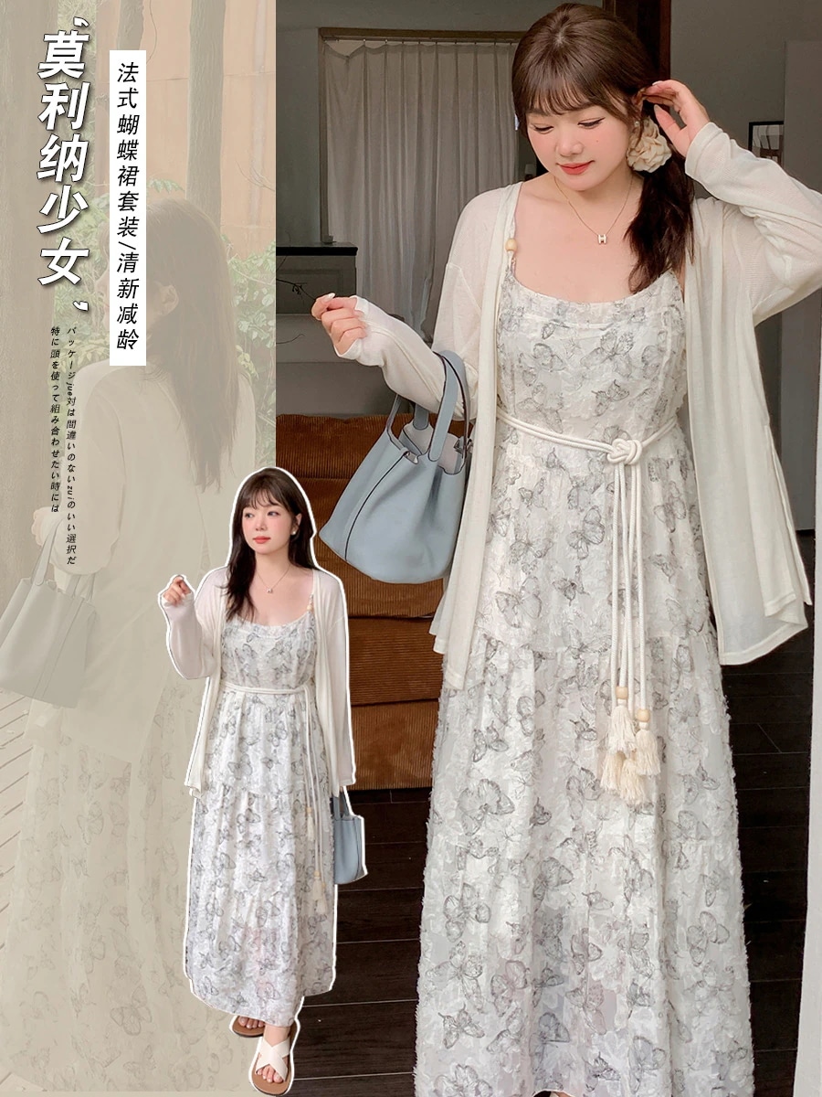 Hot!!!【ぽちゃまに】 夏新品 2セット 大きいサイズ カバーブラウス キャミワンピース 中華風 体型カバー チャイナ レディース セットアップ メガ割