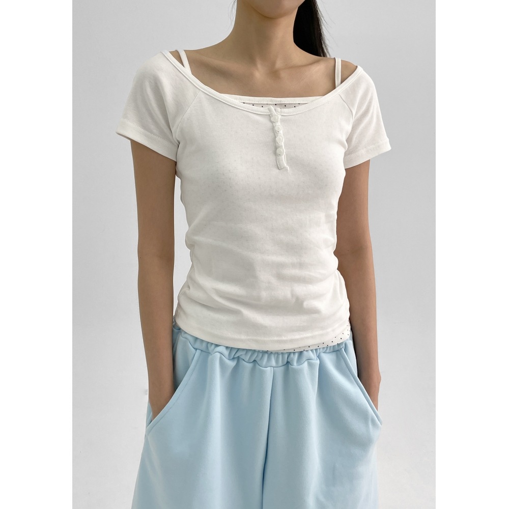 ブラックアップベルテンヘンリーネックボタンディープ Uネック半袖Tシャツ