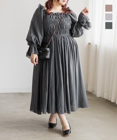 大きいサイズ レディース LL 3L 4L XL XXL XXXL CLETTEオリジナル2WAYシャーリングフリルワンピース